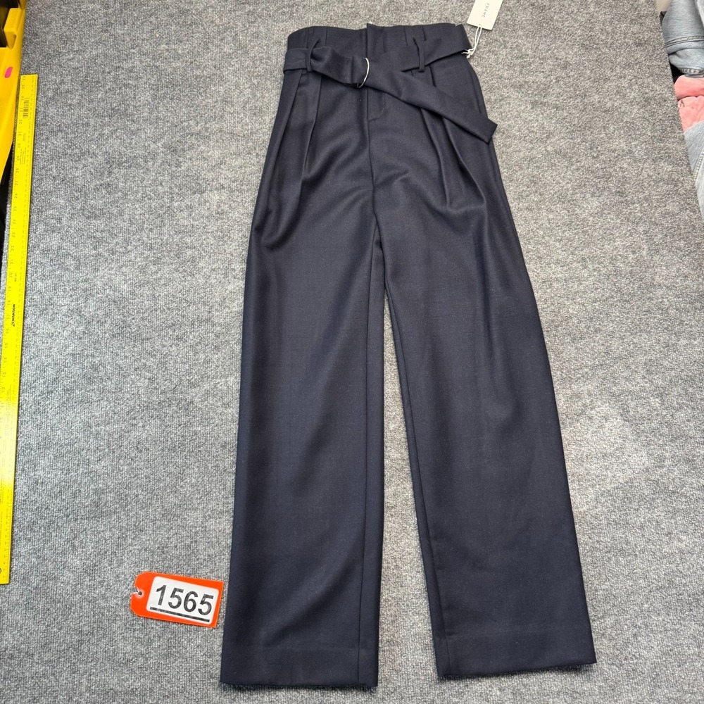 FRAME 100% Wool Belted Wide Leg Pleated Pants Navy Blue Womens Size 0 LWWB0026